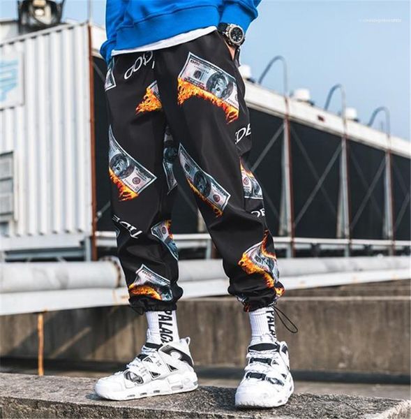 

elastic waist male trousers printed men harem pants designer hip hop casual streetwear homme joggers summer, Black