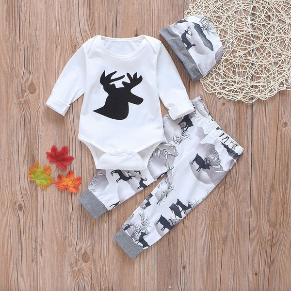 

new infant clothing baby girl boy clothes 3pcs deer pattern long sleeve +long pants+hat autumn winter baby girl outfit 6-18m, White