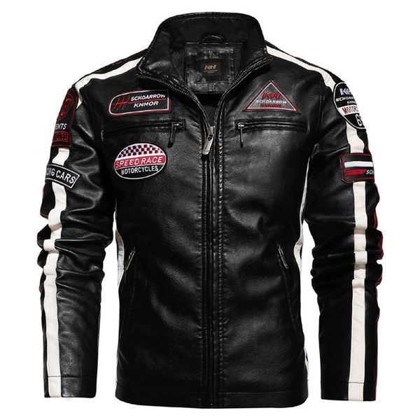 

european and american men's designer pu leather jacket zipper designer motorcycle racing suit men's leather jacket plus velvet sli, Black