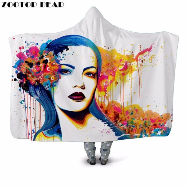 

Elegant Lady 3D Printed Plush Hooded Blanket for Adult Youth Child Warm Couch Wearable Fleece Throw Blanket Home Office Washable