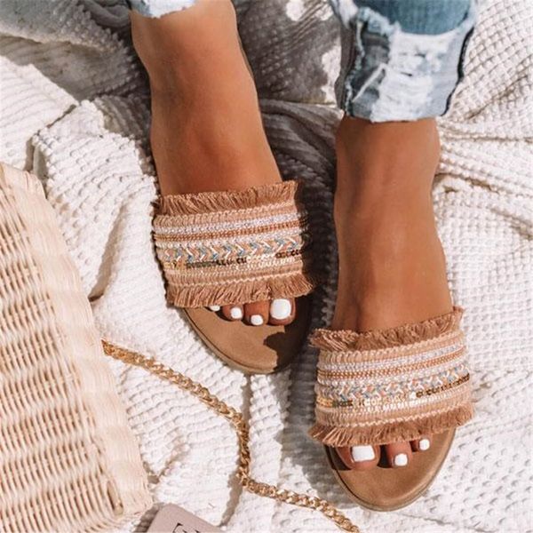 

new summer women flat bottom outdoor slippers handmade roman style tassel decoration fashion beach female slippers, Black