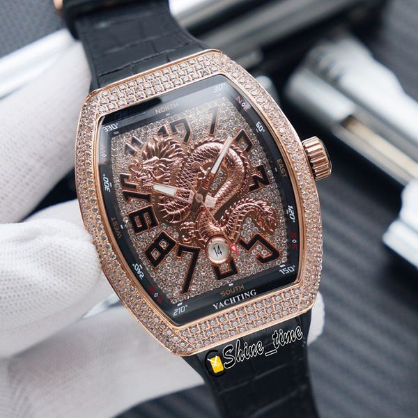 

new v 45 sc dt yachting dragon king miyota automatic mens watch full diamond dial rose gold case rubber strap sport watches shine_time, Slivery;brown