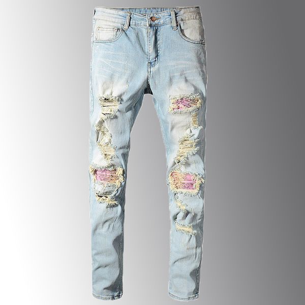 

new men's patchwork bandanna paisley printed biker jeans light blue holes ripped skinny stretch denim pants trousers size 28-40