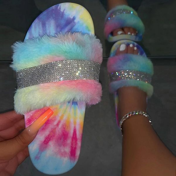 Frauen Pelzigen Hausschuhe Frau Pelz Rutschen frauen Glitter Bling Flache Weibliche Regenbogen Farbe Schuhe Großhandel Drop Shipping 2020