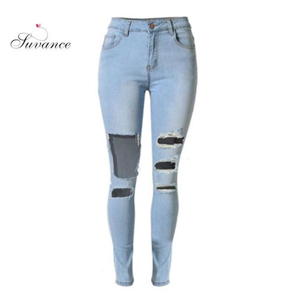 

suvance fashion holes denim cotton 98% pencil jeans quality spring new euro russian us size style trousers, Blue