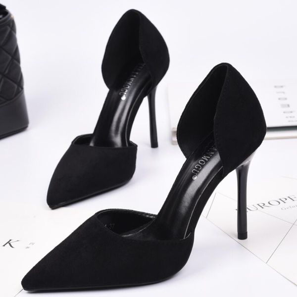 

spring nightclub hollow high heels women's stiletto pointed shallow mouth black suede high heels n36