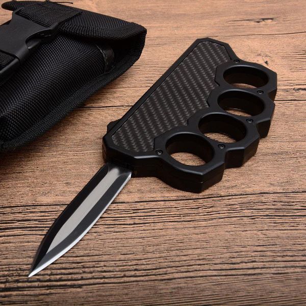 

black knuckle duster auto tactical knife d2 double edge satin blade steel + carbon fiber handle outdoor edc rescue knives