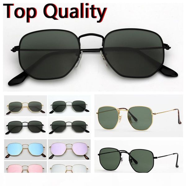 

mens sunglasses hexagonal flat glass lenses design men women male female sunglasses with brown or black case, cloth, paper box, accessories, White;black