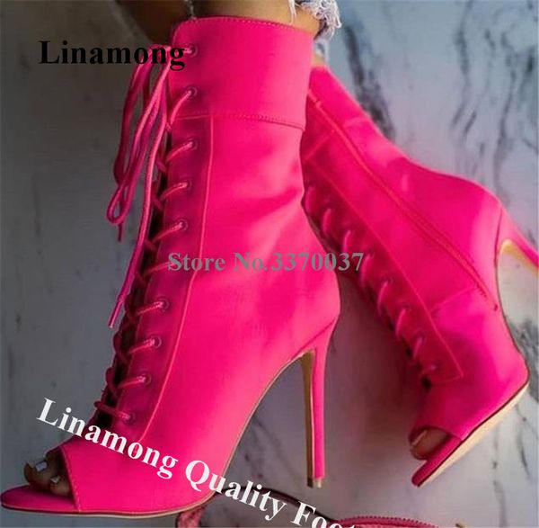 

boots linamong women fashion peep toe stiletto heel short gladiator lace-up ankle wrap high booties dress heels, Black