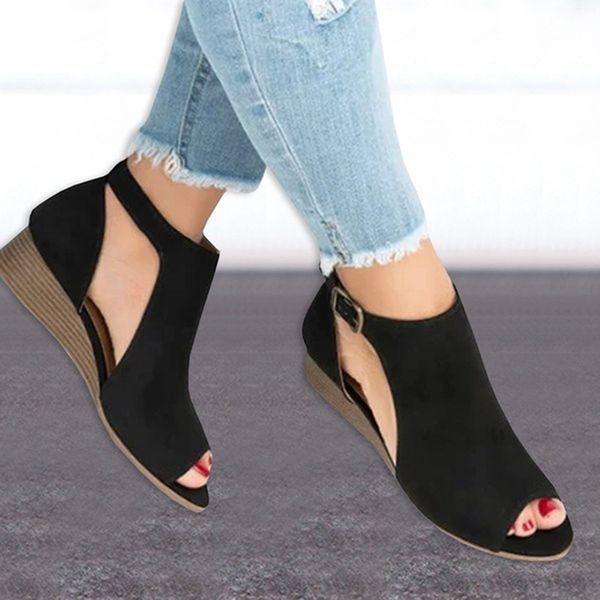 

autumn plus 43 women sandals open toe wedges sandals comfort fish mouth causal mid heels chaussures, Black