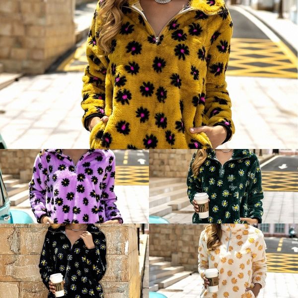 

2020 autumn and winter new women's loose daisy stand collar pocket pullover coat sweatersweater sweater plush coat fbuku, Black