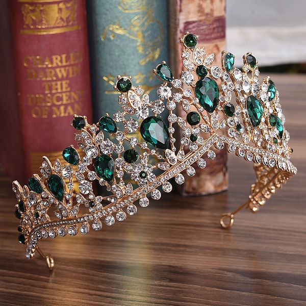 

fashion- 2018 european red green crystal big crown headwear bridal wedding hair accessories jewelry bride tiaras princess crowns s918, Slivery;golden