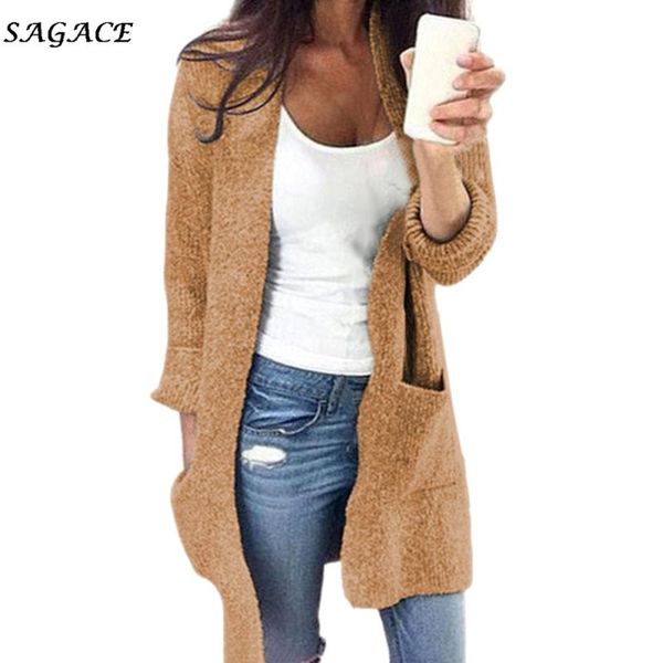 

sagace clothes women trench coat ladies fashion casual winter long sleeve solid color open front pocket cardigan sweater coat, Tan;black