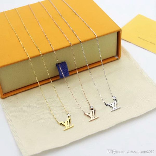 

europe america fashion style lady 316l titanium steel v letter 18k plated gold necklaces with single diamond pendant 3 color, Silver