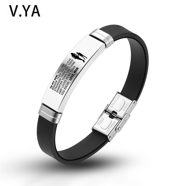 

v.ya black fashion engraved name leather bracelet men's diy stainless steel smooth leather anniversary, christmas gift, Golden;silver