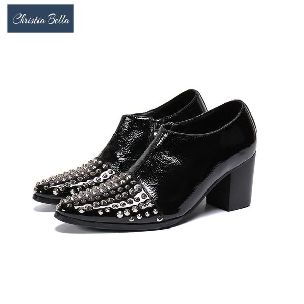 

christia bella british men high heel leather shoes punk rivets club men stage party dress shoes increase height jazz, Black