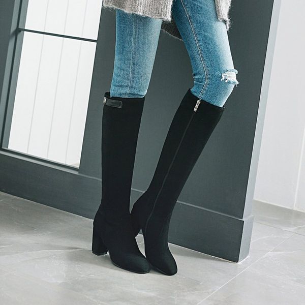 

big size 9 10 11-14 boots women woman winter boots women shoes botas side zipper square head of liuding belt buckle, Black