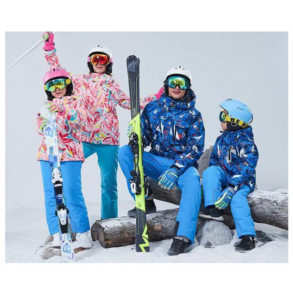 

outdoors family skiing suit warm ventilation waterproof children ski jacket pants mother daughter dad son skiing clothes set, Blue