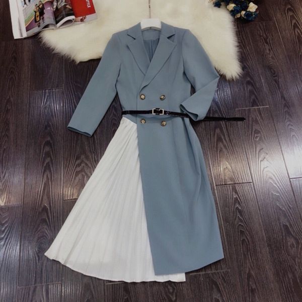 

2020 new designer high-quality women's double breasted stitching contrast color dress long-sleeved mid-length v-neck a-line split ladie, Red;yellow