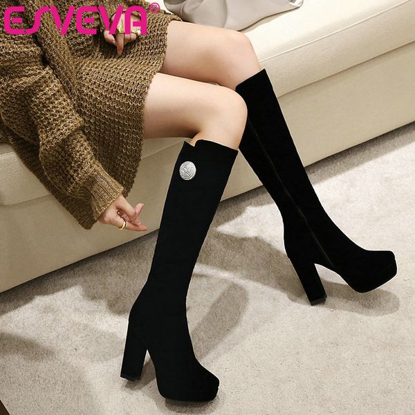 

esveva 2021 simple and fashion style zipper square high heel pu+flock knee high boots women boots shoes size 34-43, Black