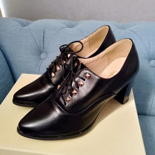 

big size 40 41 vintage rivet pointed pumps women spring 2020 autumn lace up high heel split leather shoes female cc7-3, Black