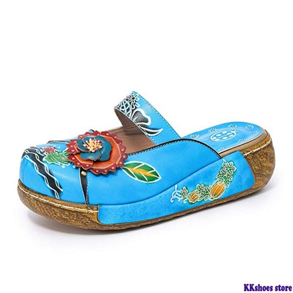 

2020 women leather sandals hand-painted vintage casual round toe chunky flat shoes summer bohemian vintage style casual, Black