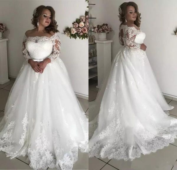 

2020 New Plus Size Wedding Dresses Sheer Neck 3 4 Long Sleeve Appliques Illusion Hollow Back Garden Country Bridal Gowns robe de mariée