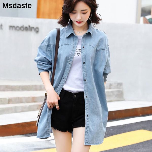 

women's blouses & shirts cotton denim shirt female basic light blue solid buttons women fashion blusa jean long jeans casual, White