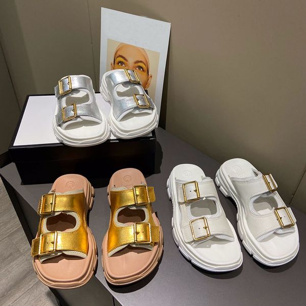 

plus size 44 fashion designer women slippers chunky platform sandals casual metallic gold leather summer dad shoes woman22, Black