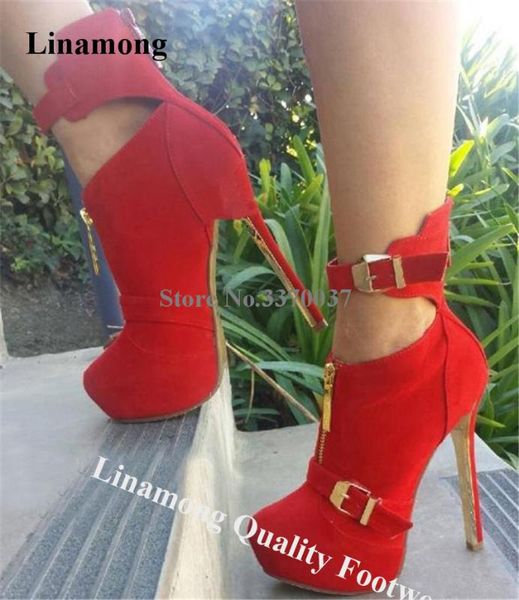 

linamong elegant fashion round toe buckles decorated high platform stiletto heel pumps red suede leather high heels dress heels, Black