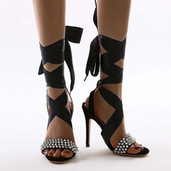 

women summer thin high heels sandals stiletto shoes woman party wedding shiny crystal sandalias mujer sapato feminino d1070, Black