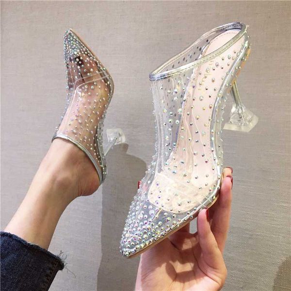 

fashion women slippers pointed toe pvc transparent rhinestone pumps slip on mules shoes clear thin high heels slides women shoes, Black
