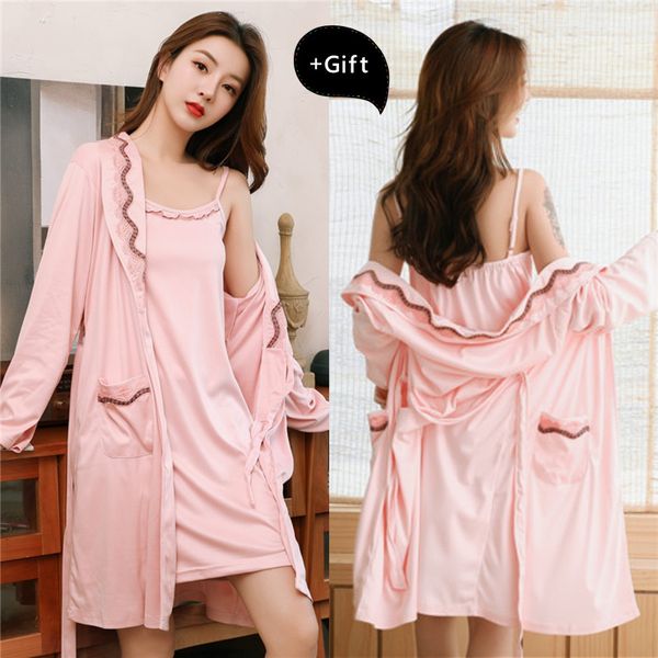 

women's sleepwear 2 sets lace bath robe pajamas kimono bathrobe women silk autumn female dressing gowns nightgown, Black;red