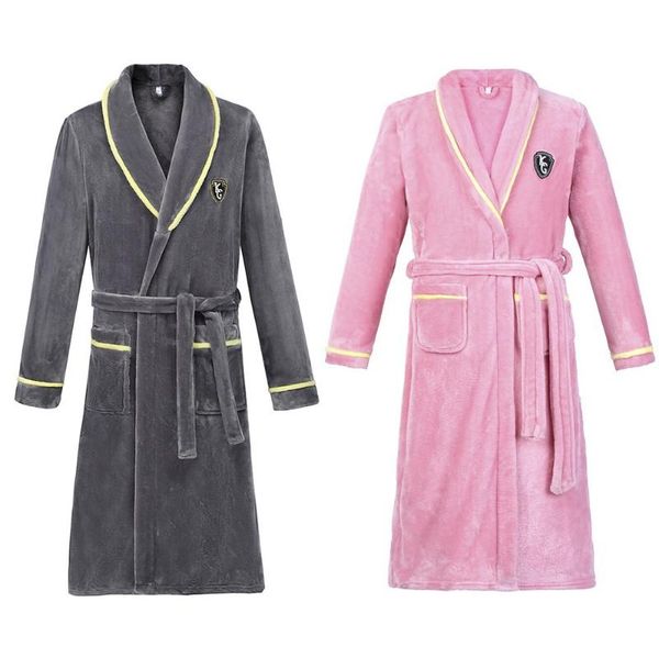 

casual plus size couple robe flannel nightwear winter warm kimono bathrobe gown gray nightgown male home clothes sleepwear, Black;brown