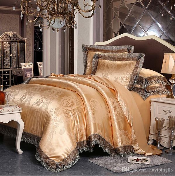 

2018 new golden jacquard home textile bedding set 4pcs lace quilt/duvet cover flat sheet set pillowcases  king size