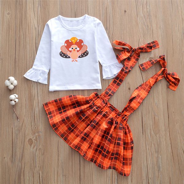 

2021 new baby clothes spring autumn kids clothing cute ruffle cuff t-shirt+suspender skirts+bow headbands 3pcs sets outfits girls clothing, White