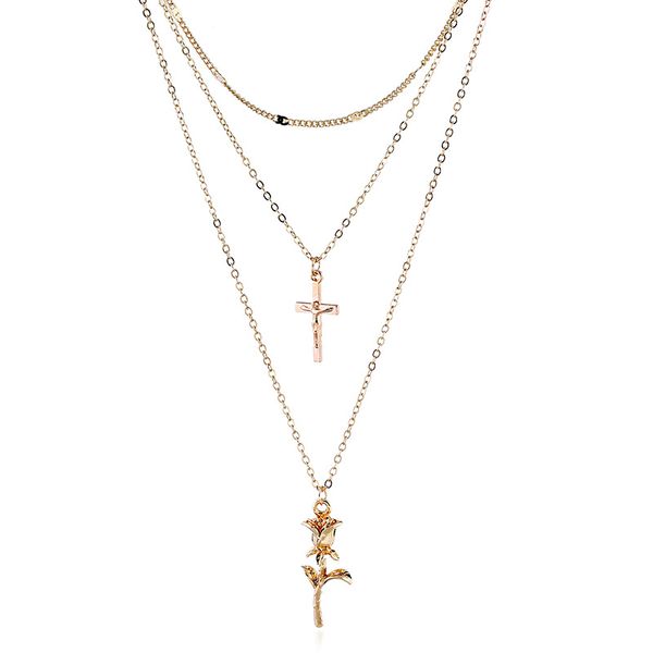 

alloy rose cross chains pendant necklace for women jewelry collares friends girl novel accessories aesthetics suspension xl10105, Silver