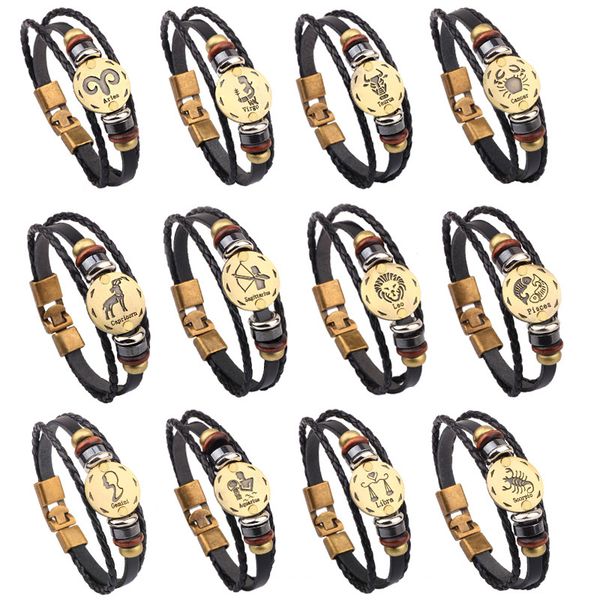 

charm bracelets 12 constellations bracelet fashion bronze zodiac signs punk leather bead & black hematite lover pulseira, Golden;silver