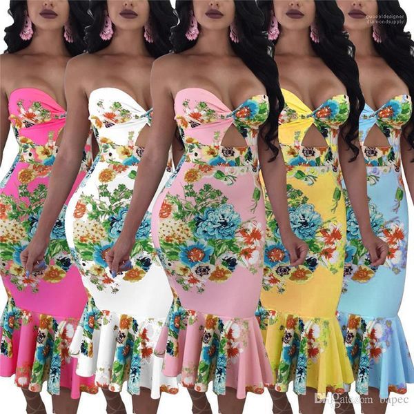 

floral printed dress female night club strapless bodycon dresses fashion designer mermaid dresses women summer, Black;gray
