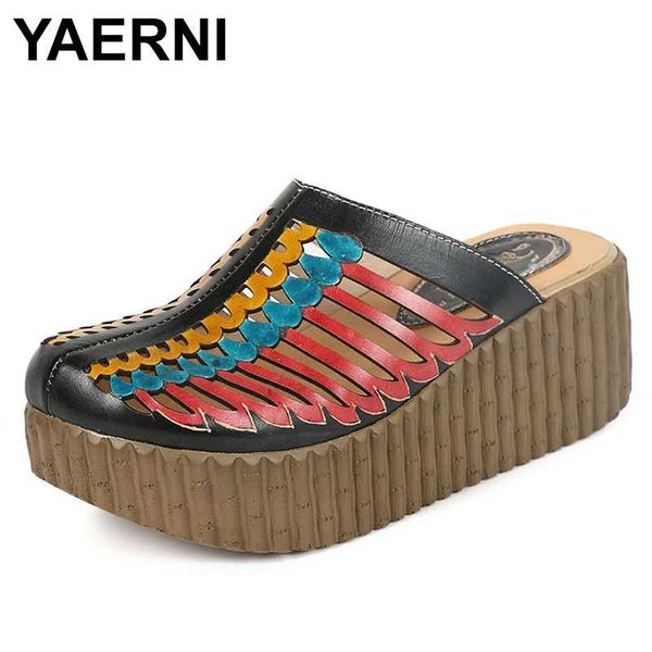 

yaerni 2020 summer shoes woman slippers closed toes hollow out handmade thick heels genuine leather women platform wedges slides, Black