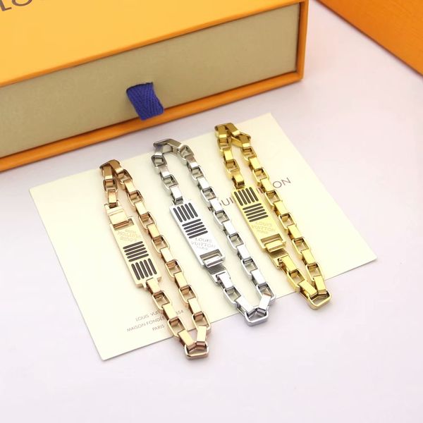 

europe america fashion style men lady women titanium steel 18k gold chain blacelet with black enamel stripe v initials square charm