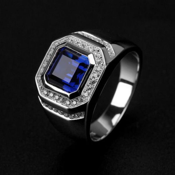 

wholesale ring high quliry solitarie blue sapphire 925 sterling silver simulated diamond wedding men ring gift size 8-13, Golden;silver