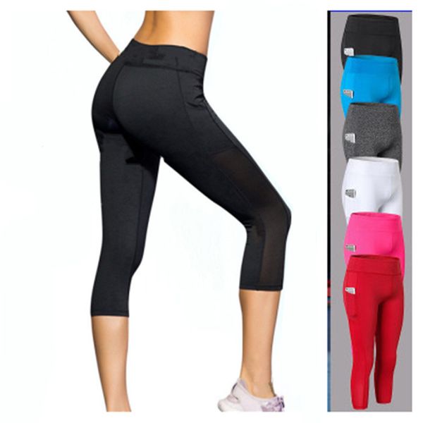 

high waist 3/4 mesh yoga pants women elastic mesh fitness leggings sports tights slim running gym trousers pocket yoga clothing plus size, White;red
