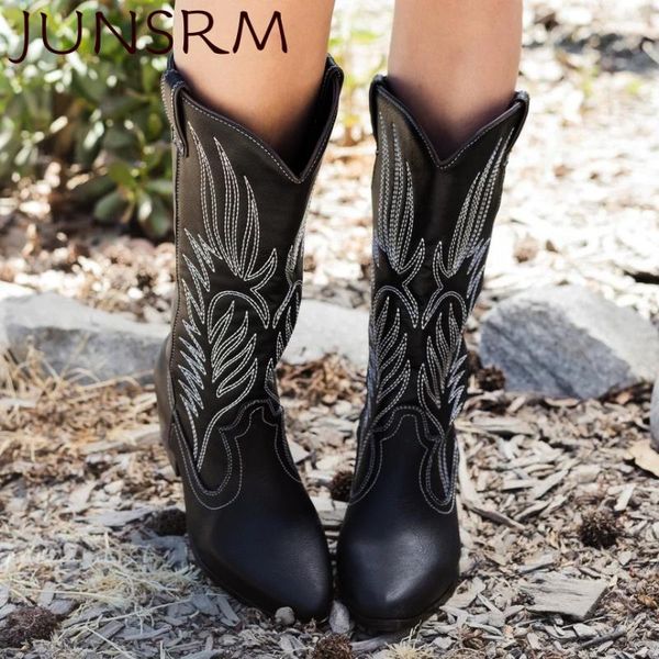 

new women mid calf western boots cowboy pointed toe knee high pull on boots ladies fashion leather motorcycle botas mujer, Black