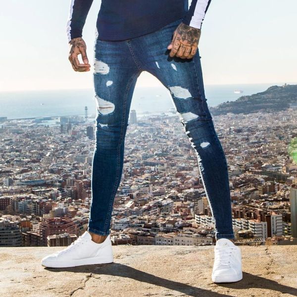 

men's jeans men casual skinny solid color close-fitting hole slim pencil pants fashion classic ripped denim trousers streetwear, Blue