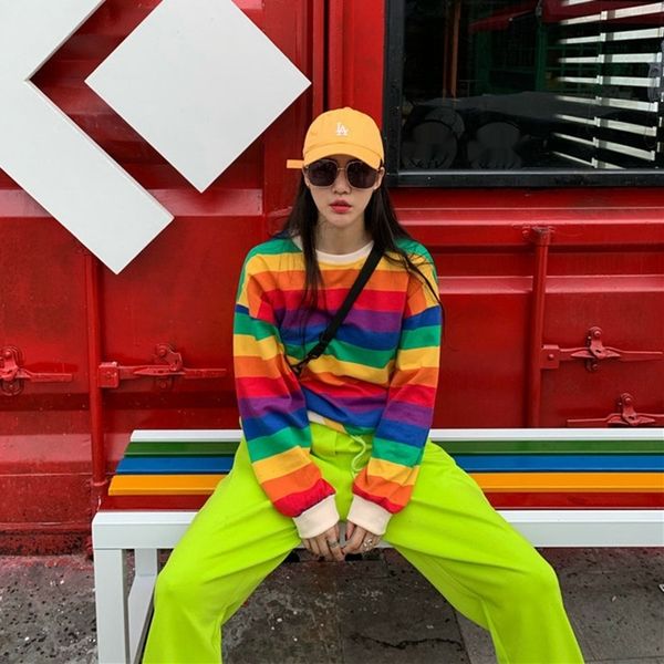 

2020 новых женских осенних ины модных корейский стиль моды свитер sweatercolor полосатый длинный рукав круглый шею свитер eshhz, Black