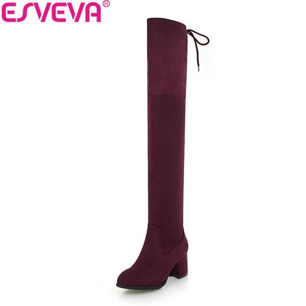 

boots esveva 2021 women winter over the knee thin high heels shoes short plush lace up solid autumn woman size 34-43, Black