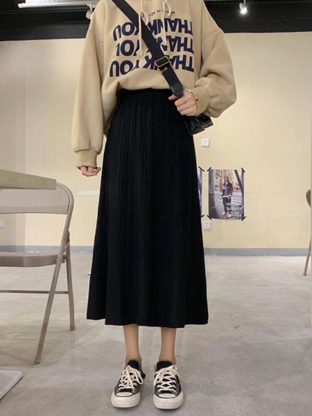 

2020 new long elastic band women wool skirts autumn winter warm knitted straight ribbed mid-long skirt black