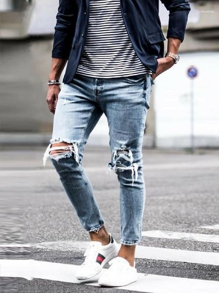 

ripped jeans spring autumn trousers draped pockets designer jean pants new designer fashion denim light blue