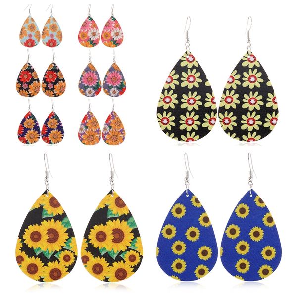 

women pu leather earrings sunflower print teardrop earrings bohemian dangle drop earring waterdrop earbob party jewelry xmas wholesale d9208, Red;brown